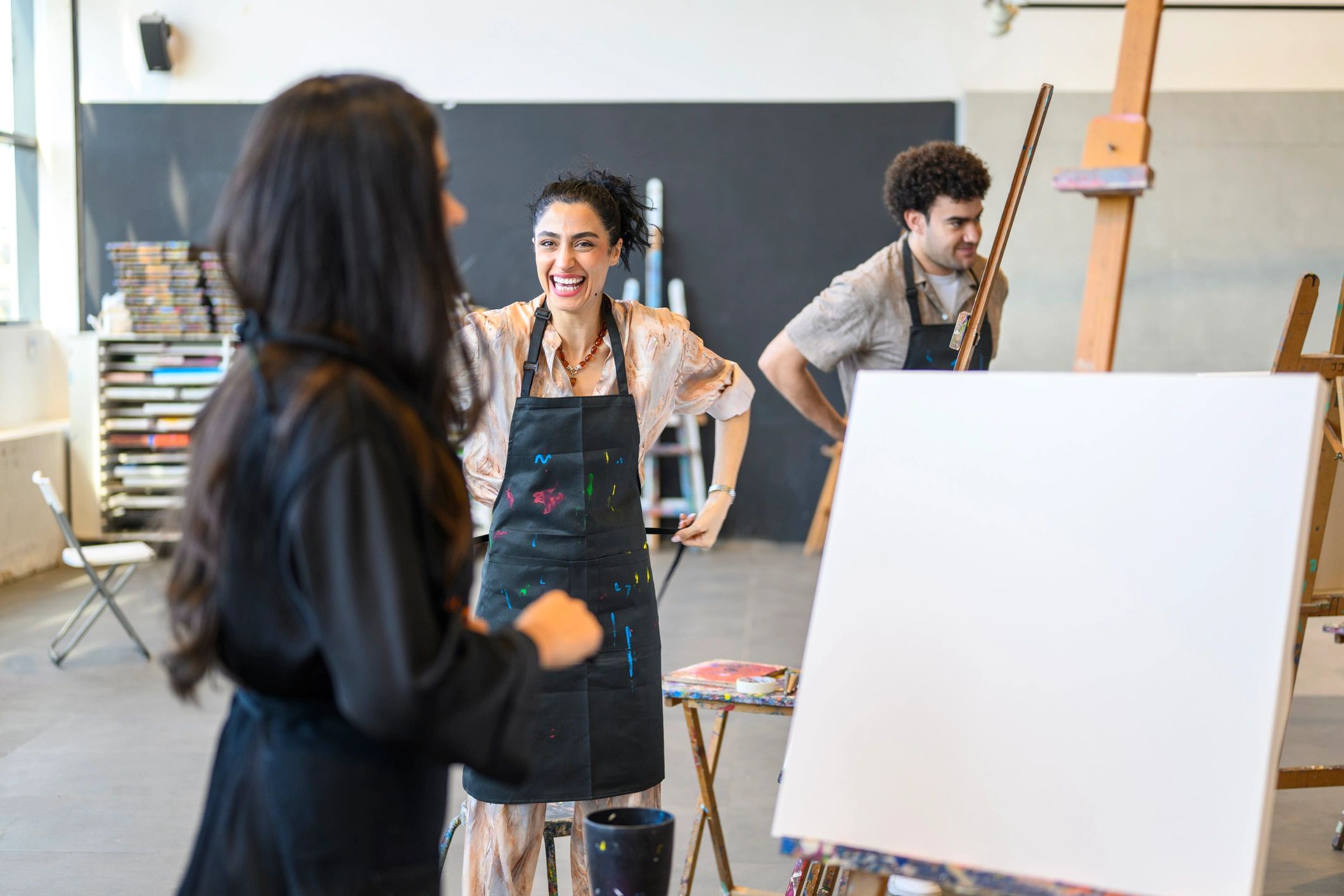 Artists preparing for a live art event